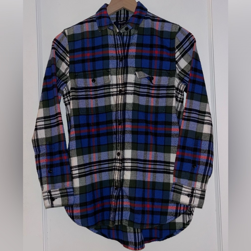 Madewell Cotton Plaid Blue Green Button-Down Flannel